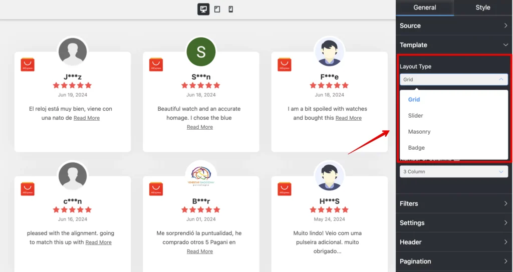Layout type for customizing AliExpress reviews with WP Social Ninja