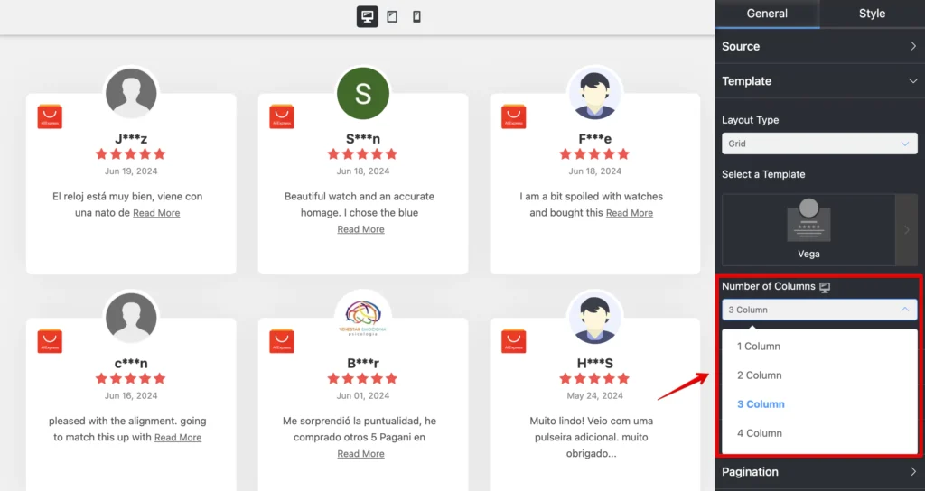Selecting number of columns for customizing AliExpress reviews with WP Social Ninja