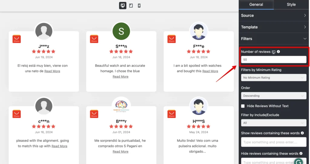 Selecting number of reviews for customizing AliExpress reviews with WP Social Ninja