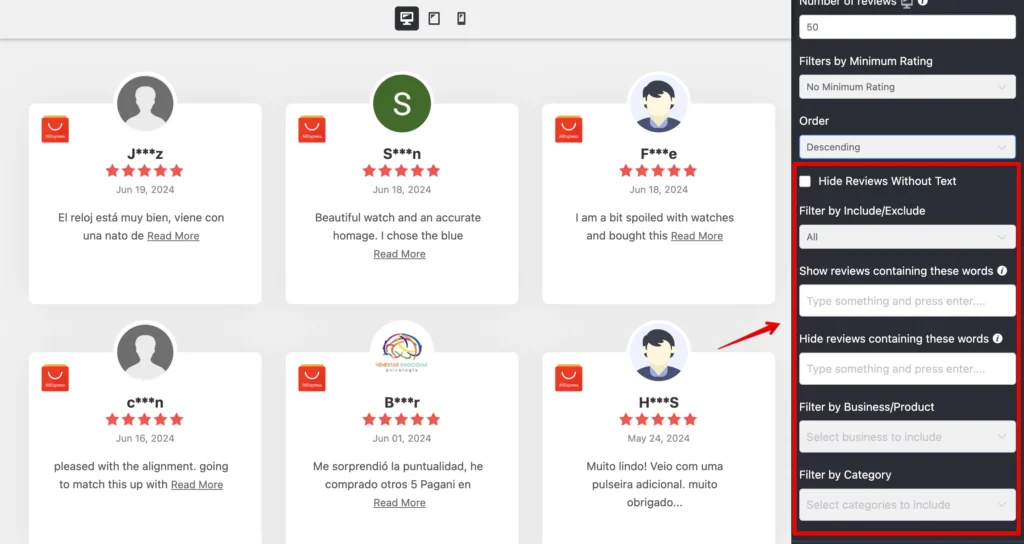 Selecting other advanced filter features for customizing AliExpress reviews with WP Social Ninja