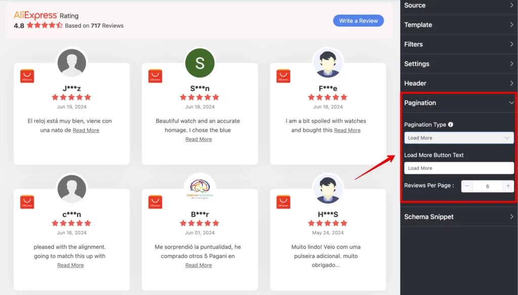 Pagination settings for customizing AliExpress reviews with WP Social Ninja