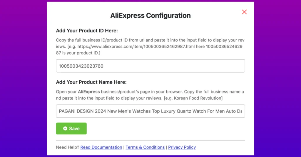 AliExpress product configuration with WP Social Ninja