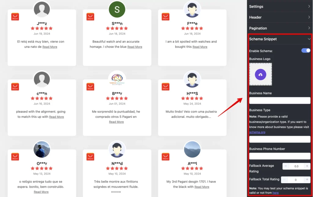 Adding schema snippets for AliExpress reviews with WP Social Ninja