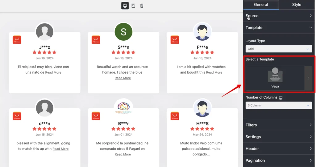Template types for customizing AliExpress reviews with WP Social Ninja