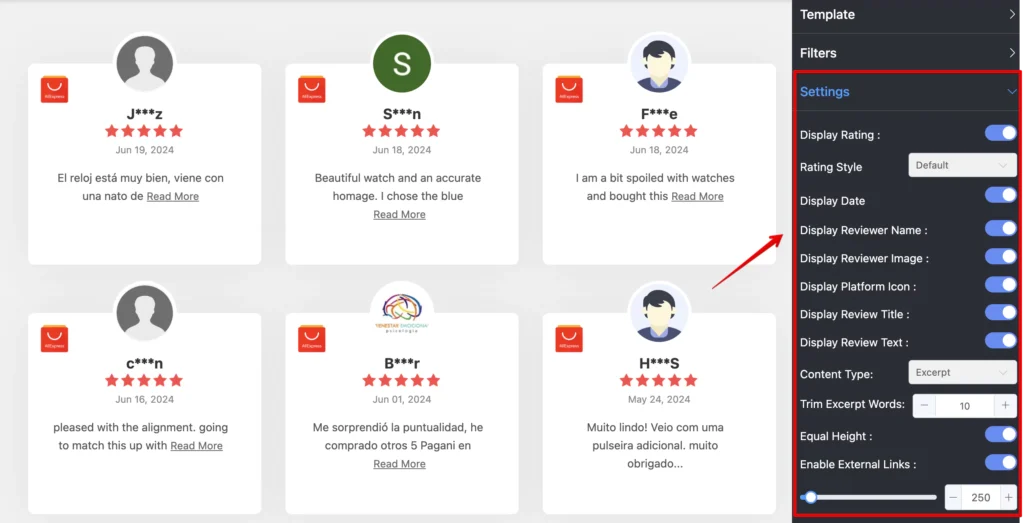 Settings features for customizing AliExpress reviews with WP Social Ninja
