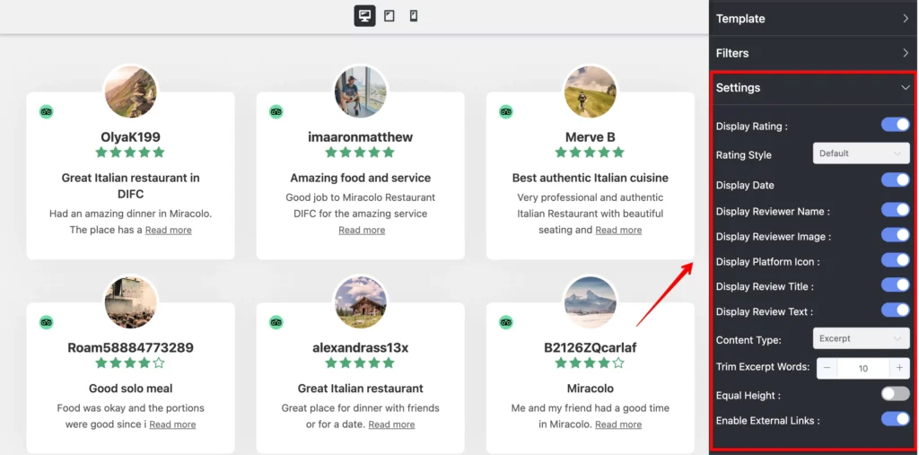 Review settings option for Tripadvisor reviews from WP Social Ninja