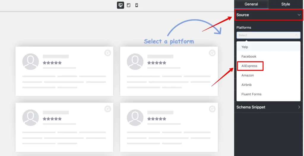 Selecting AliExpress reviews from Source option to create a new template with WP Social Ninja