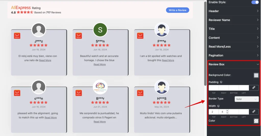 Advanced style options for customizing AliExpress reviews with WP Social Ninja