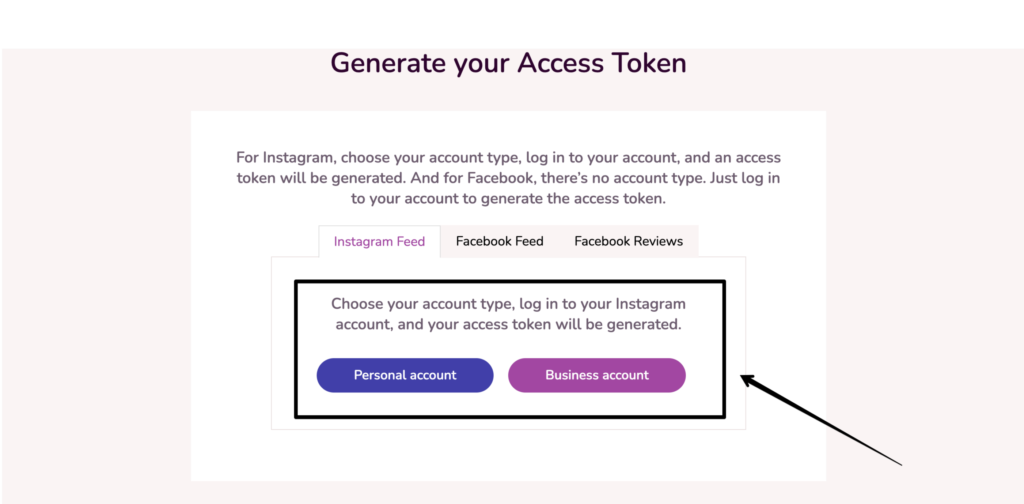 Access token generator page of WP Social Ninja for manually connect an Instagram account