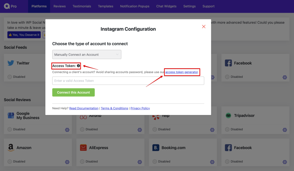 Instagram access token generator for manually connecting an account