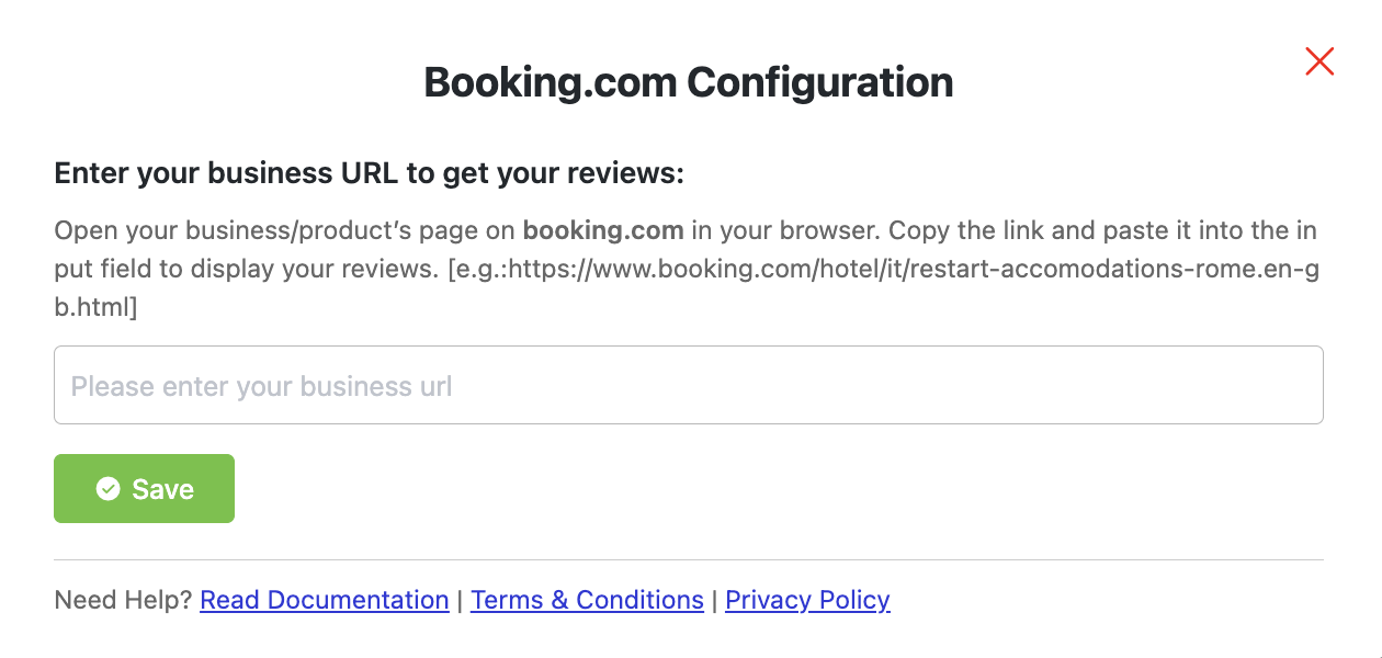 Booking.com review configuration page of WP Social Ninja