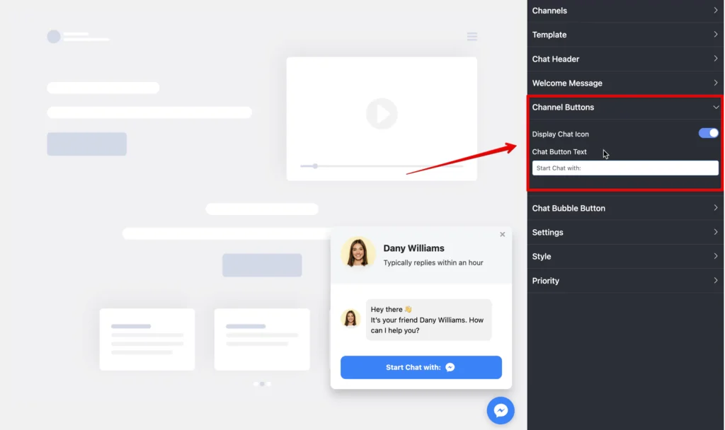 Channel Button customization options for embedding Facebook Messenger on WordPress website with WP Social Ninja