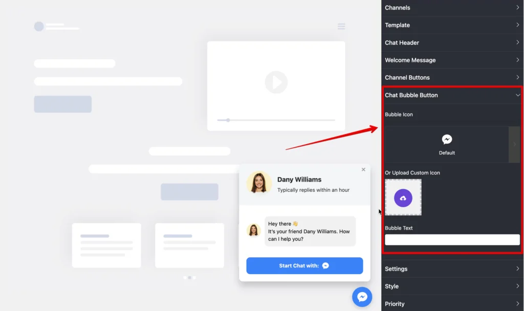 Chat Bubble Button customization options for embedding Facebook Messenger on WordPress website with WP Social Ninja