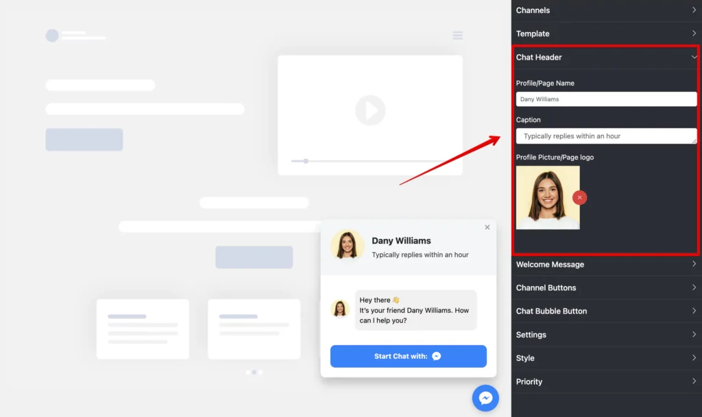 Chat Header customization options for embedding Facebook Messenger on WordPress website with WP Social Ninja