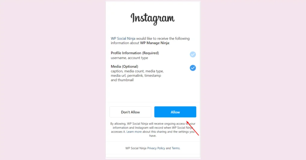 Click on Allow to connect your Instagram feeds