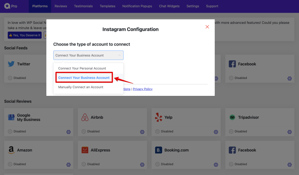 Choose to connect your business account options for your Instagram feeds integration