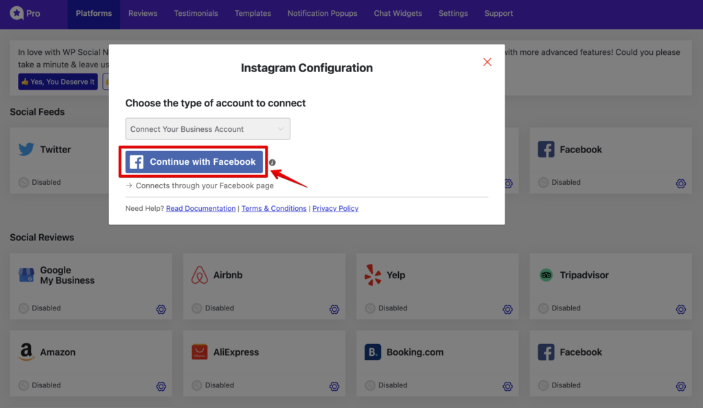 Click on the Continue with Facebook button to configure your Instagram business account feeds