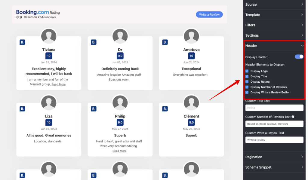 Header settings options for your Booking.com reviews