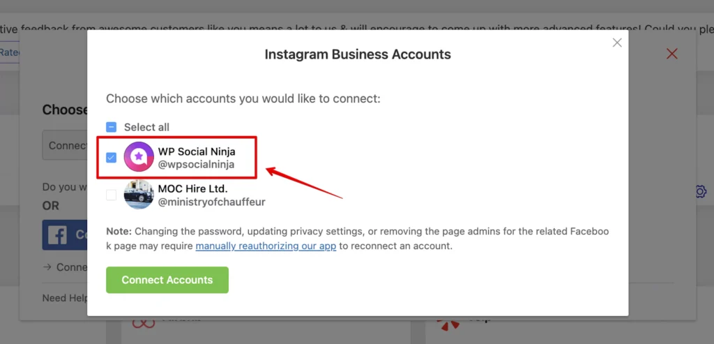 Choose your Instagram business account