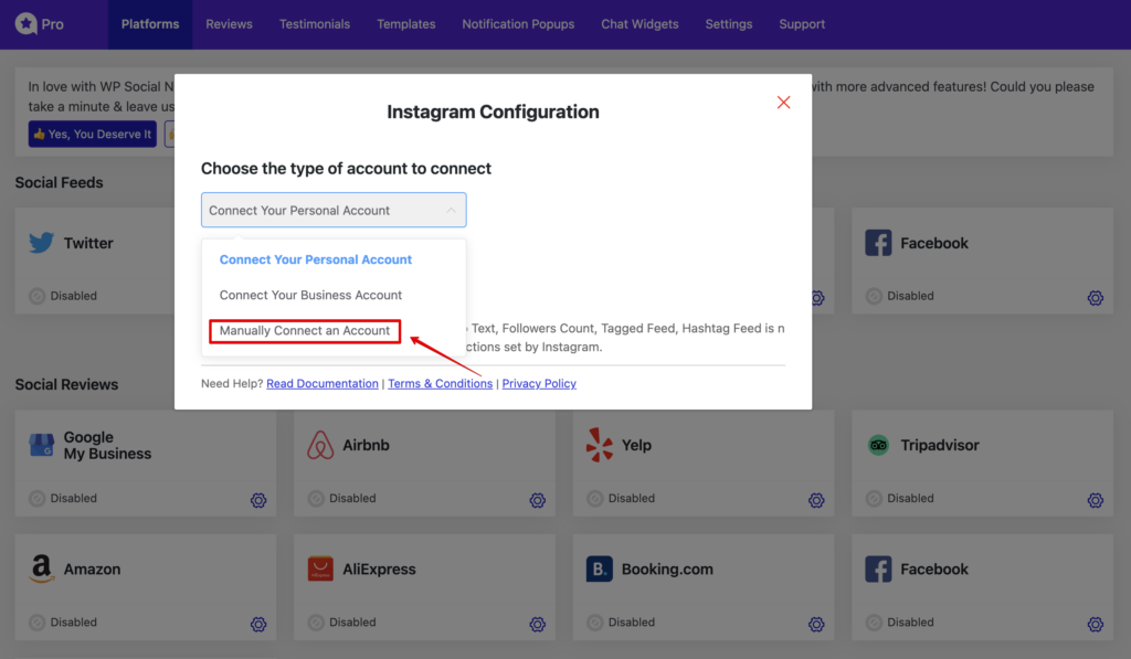 Manually connect an account option of WP Social Ninja