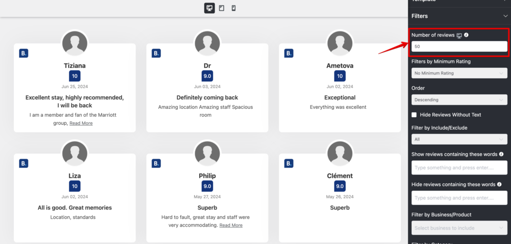 Select the number of Booking.com reviews you want to show