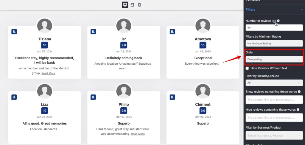 Arrange your Booking.com reviews based on different order with WP Social Ninja