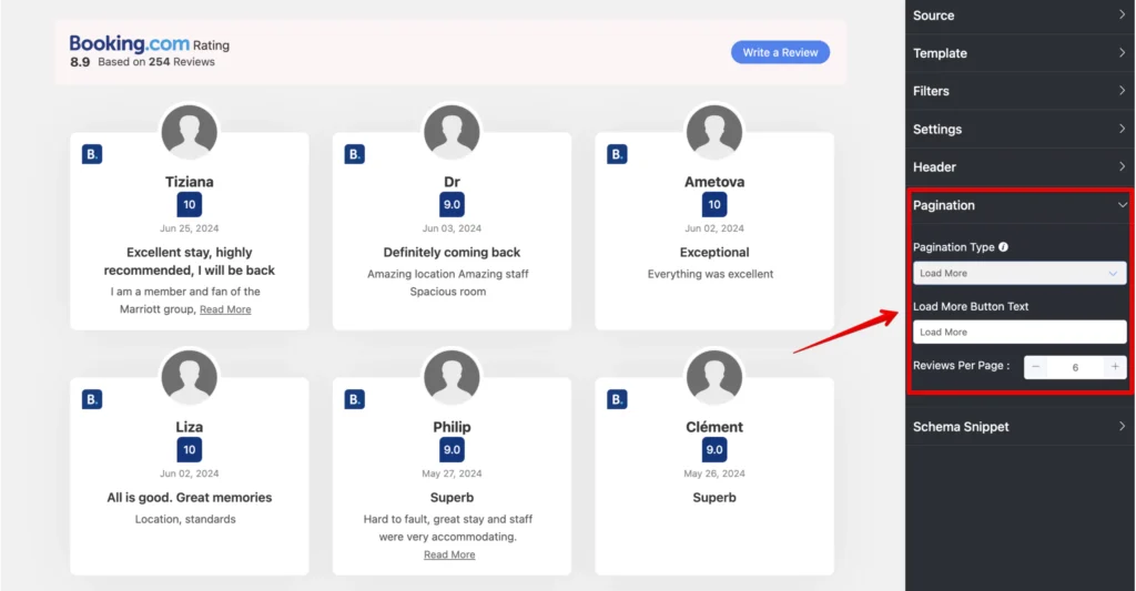Pagination settings for your Booking.com reviews