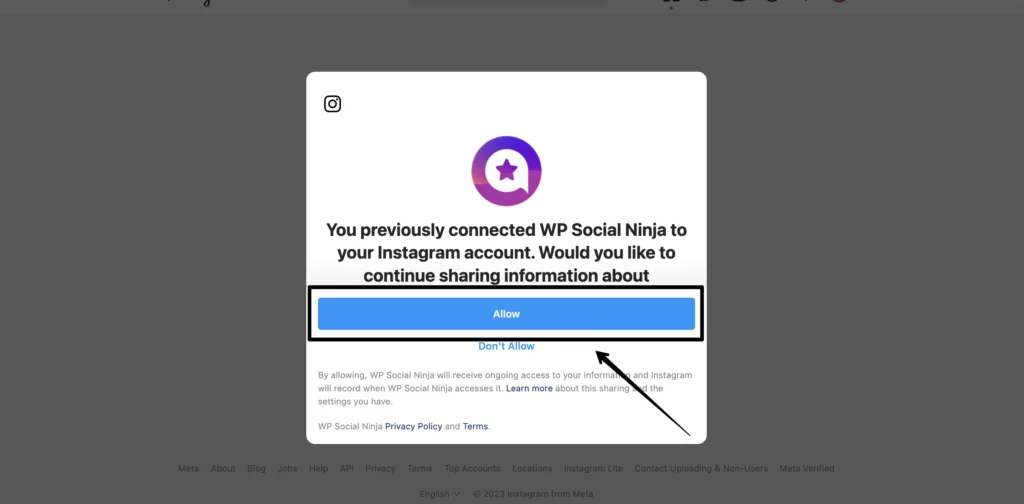 Allow permission to generate your access token for connecting Instagram feeds