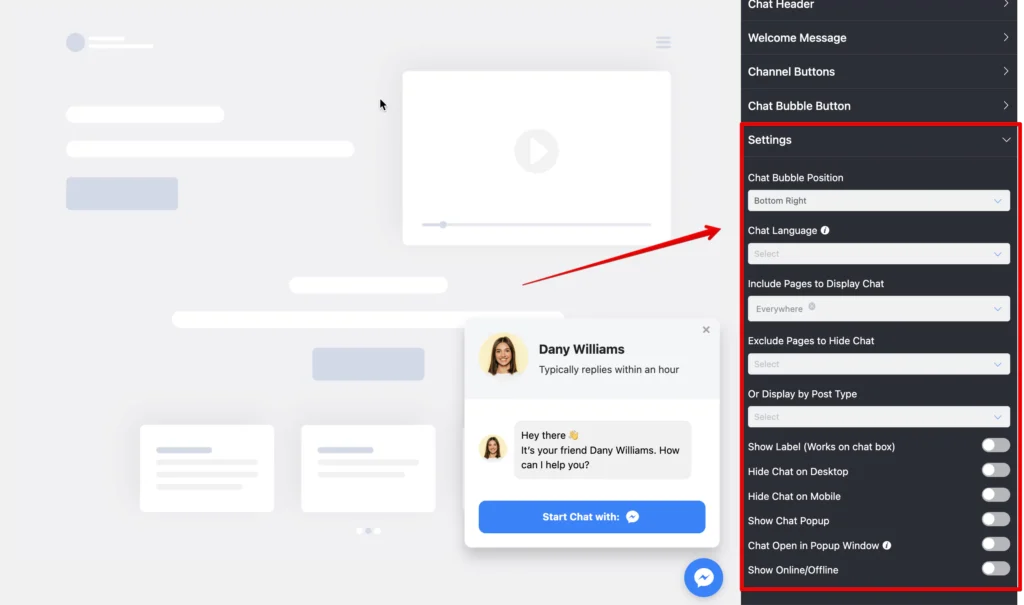 Settings customization options for embedding Facebook Messenger on WordPress website with WP Social Ninja