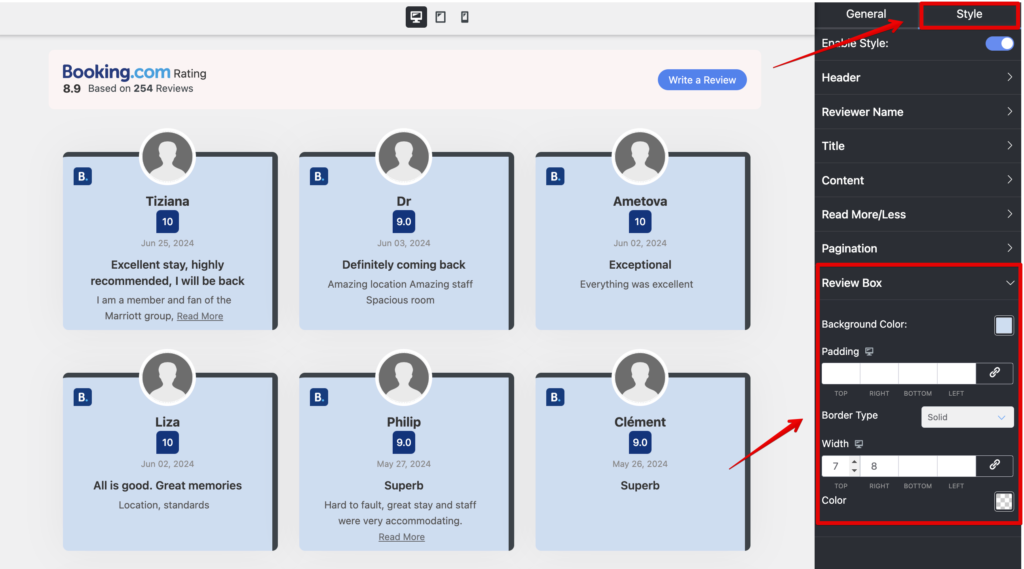 Style options for your Booking.com reviews