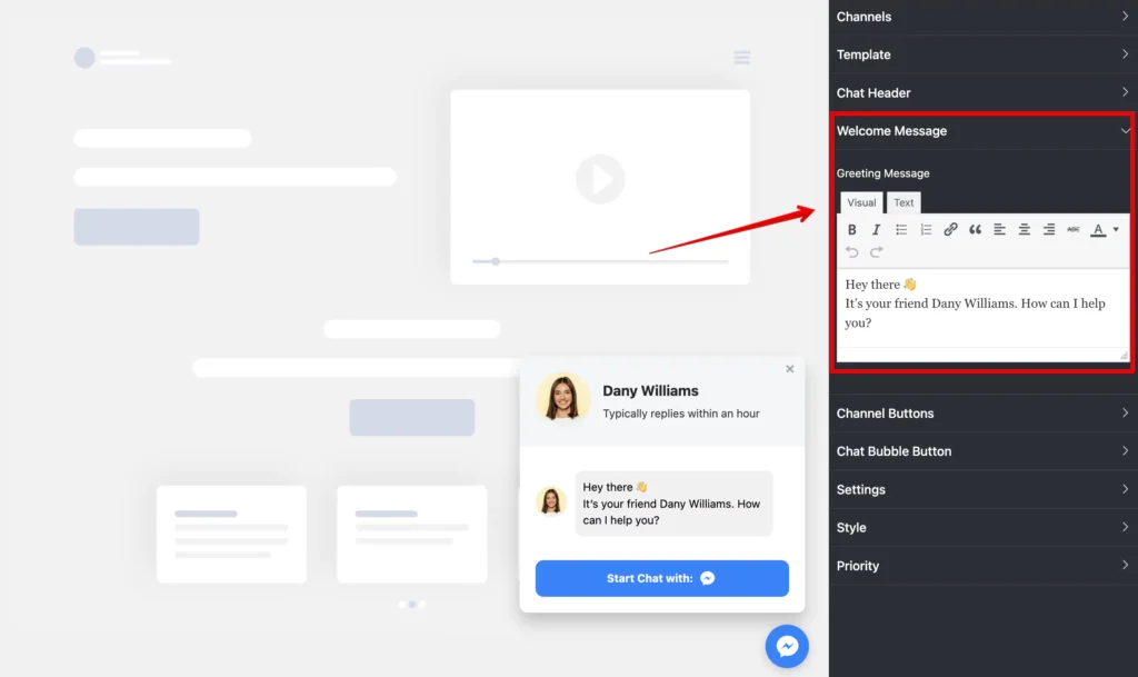Welcome Message customization options for embedding Facebook Messenger on WordPress website with WP Social Ninja