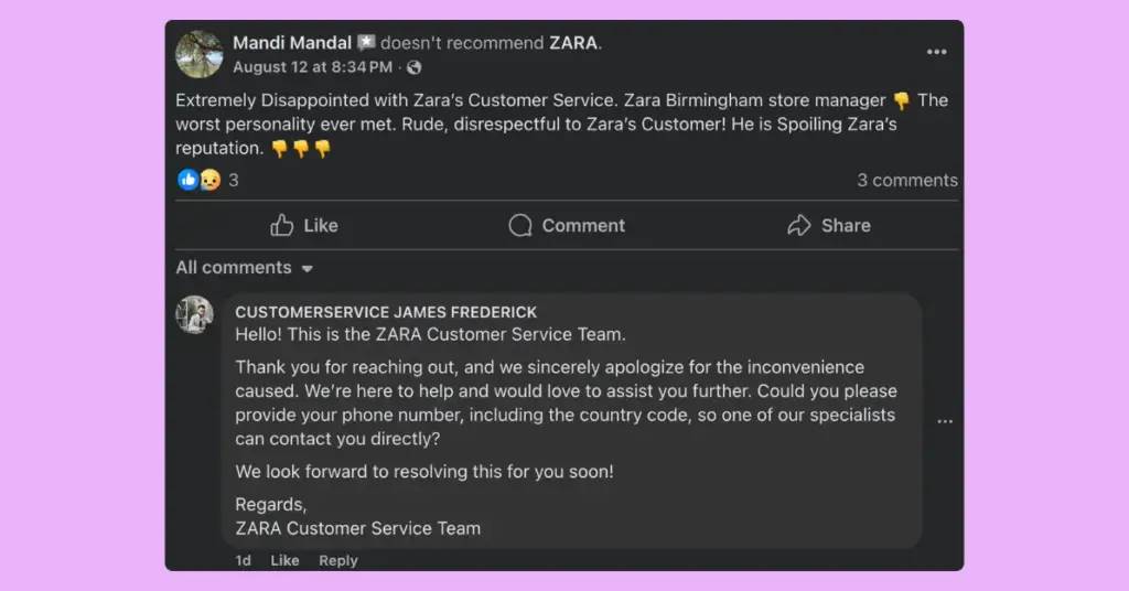Attending to negative Facebook reviews example by Zara