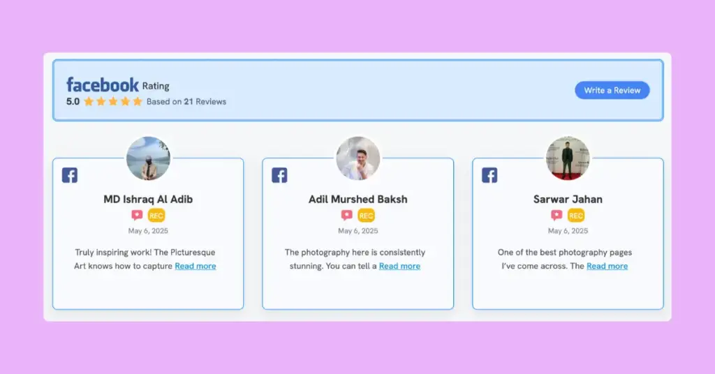 Facebook reviews on WordPress website demo examples using WP Social Ninja