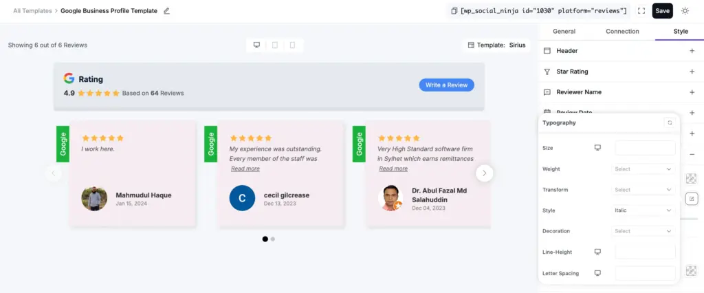 in depth style settings option for google reviews template