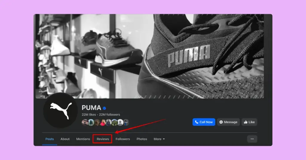 Review tab on puma's official Facebook business page