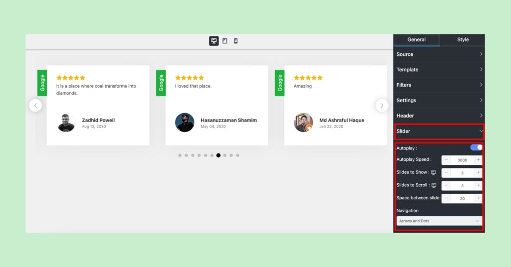 Slider settings - Google reviews slider