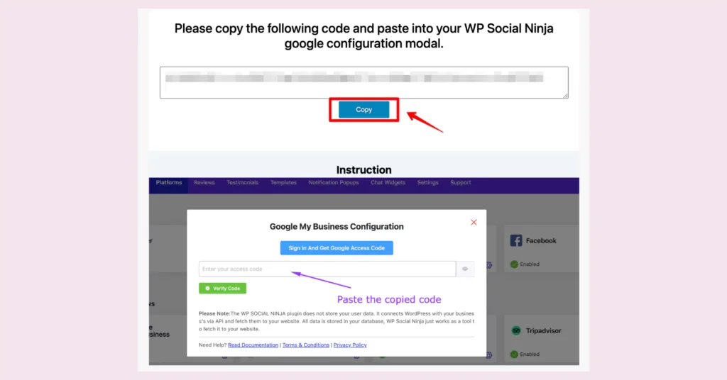 Access code generated by WP Social Ninja for fetching Google reviews