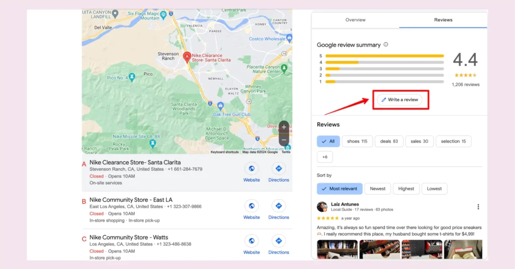 Write a review option for new Google reviews