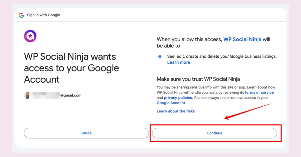 Give permission to WP Social Ninja to access your Google Account