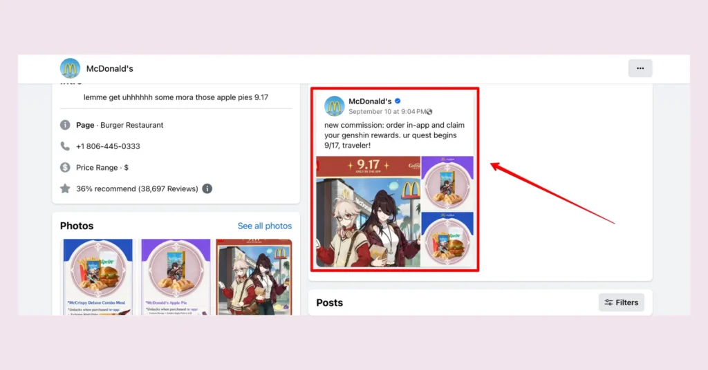 McDonald pinned their special post which can help them to get more Facebook followers