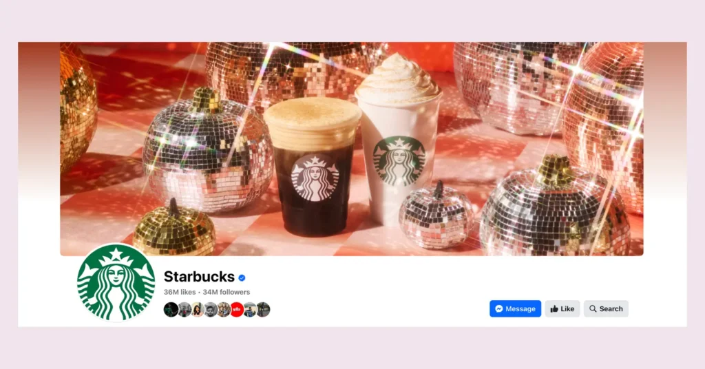 Cover photo and profile picture of Starbucks's page representing their brand voice to get more Facebook followers