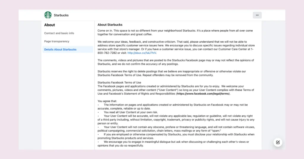Detailed information about Starbucks on their Facebook page's About section