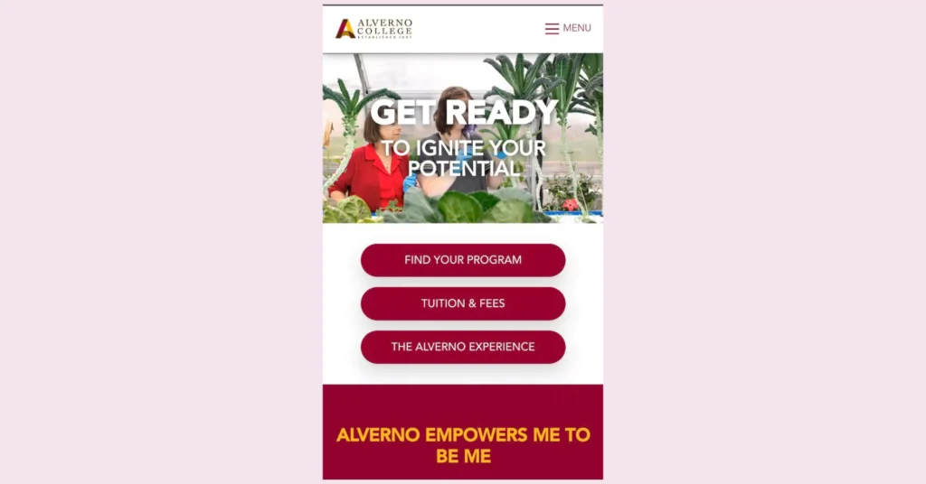 Mobile-responsive university website example from the Alverno College