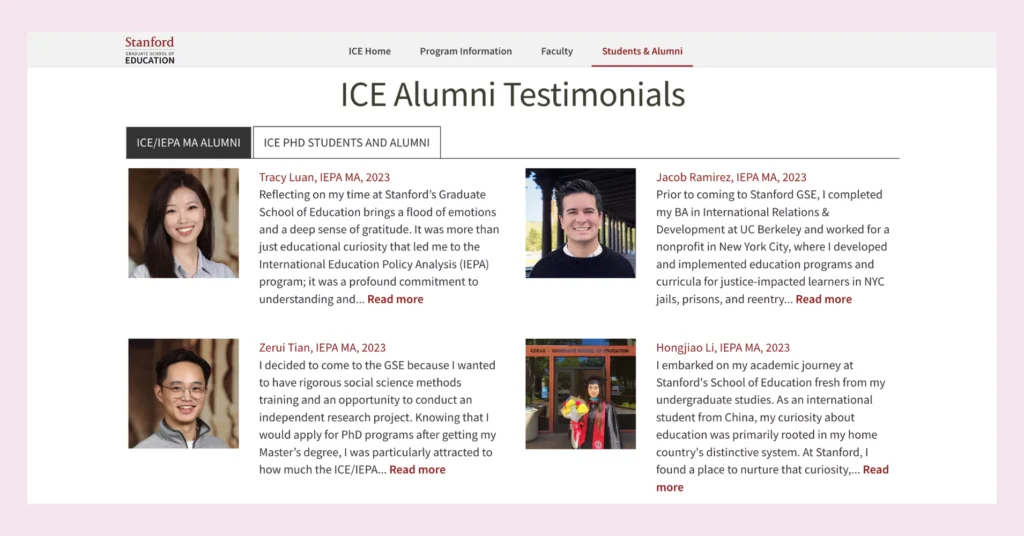 Student testimonials on Stanford University website as a part of their education marketing campaign