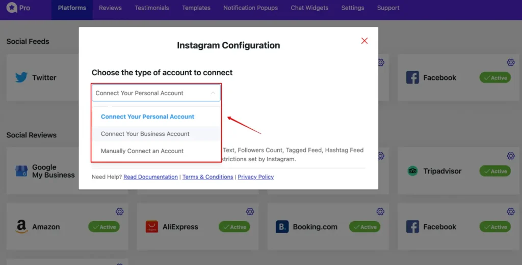 Instagram account select section