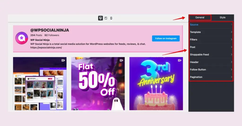 General customization options of WP Social Ninja for embedded Instagram videos