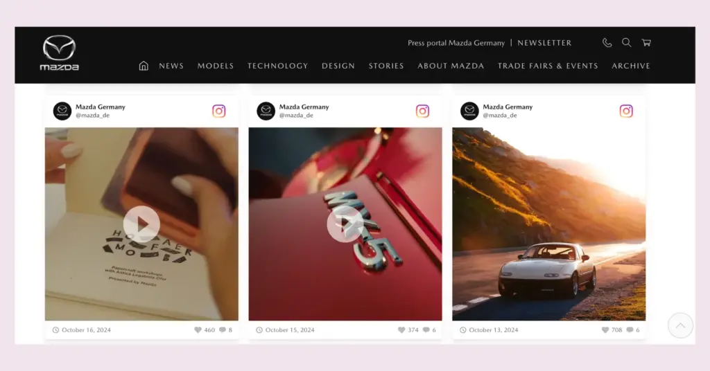 A renowned car brand, Mazda, embed Instagram videos on their official webpage