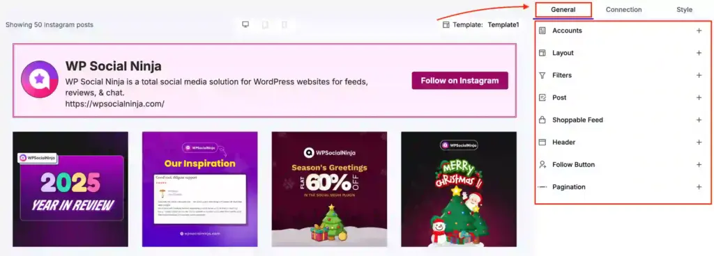 General customization options for embedded Instagram videos with WP Social Ninja