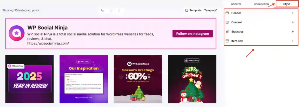 Style
 customization options for embedded Instagram videos with WP Social Ninja