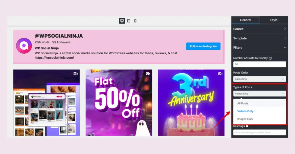 Select the Videos Only option to embed Instagram videos with WP Social Ninja on your WordPress website
